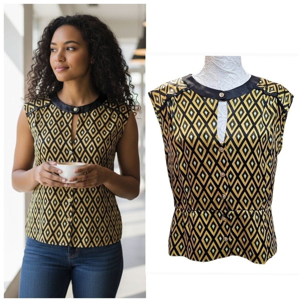 Vintage Milly Of New York Silk Diamond Print Sleeveless Peplum Top Size 8 Retro